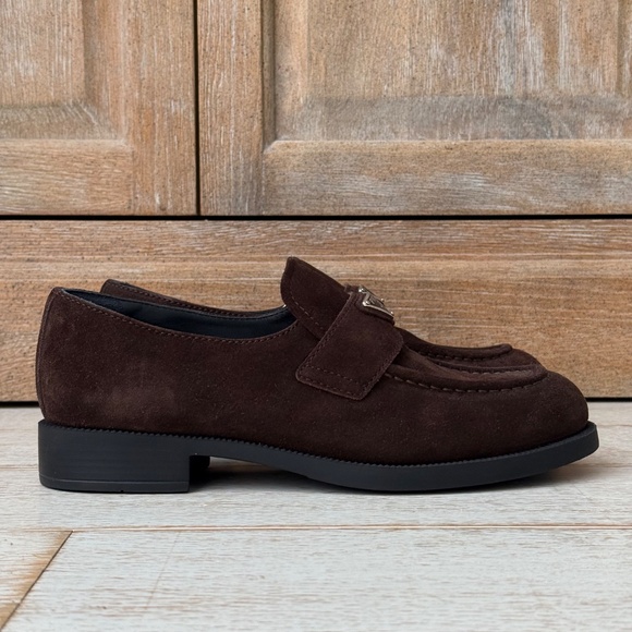 Prada Brown Suede Triangle Loafers NEW - Picture 6 of 16
